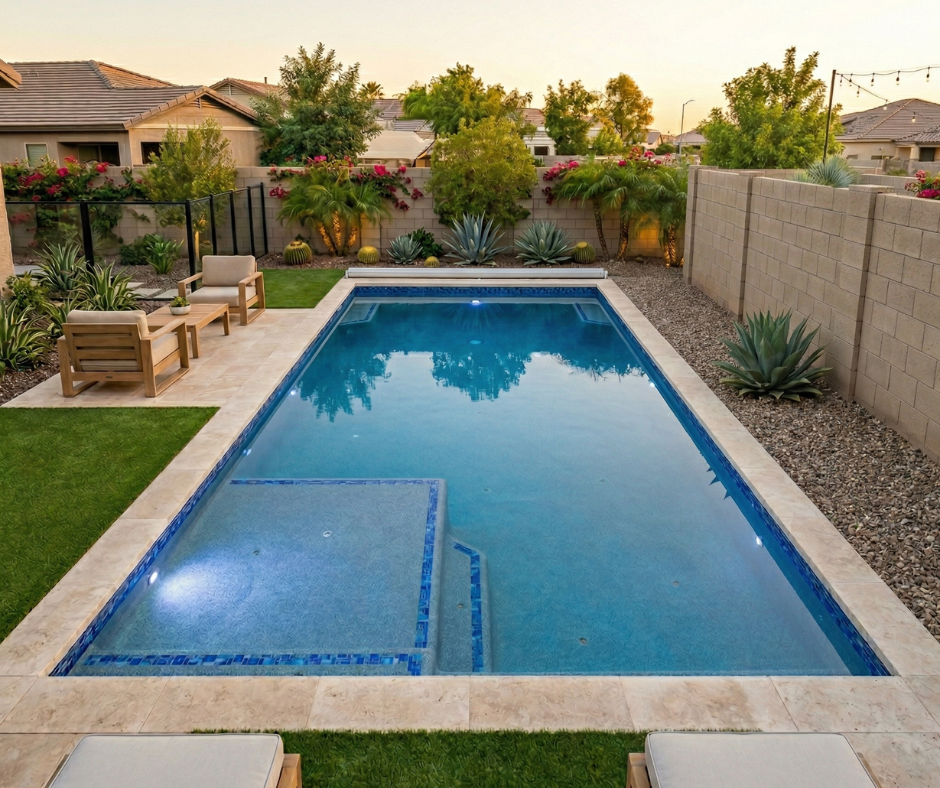 Overhead angle of a clean-lined rectangular pool with integrated spa and blue mosaic tile accents, travertine surround, automatic pool cover, modern wood patio furniture on a small seating area, lush desert landscaping with bougainvillea, agave, and palms, string lights, and a mesh safety fence.