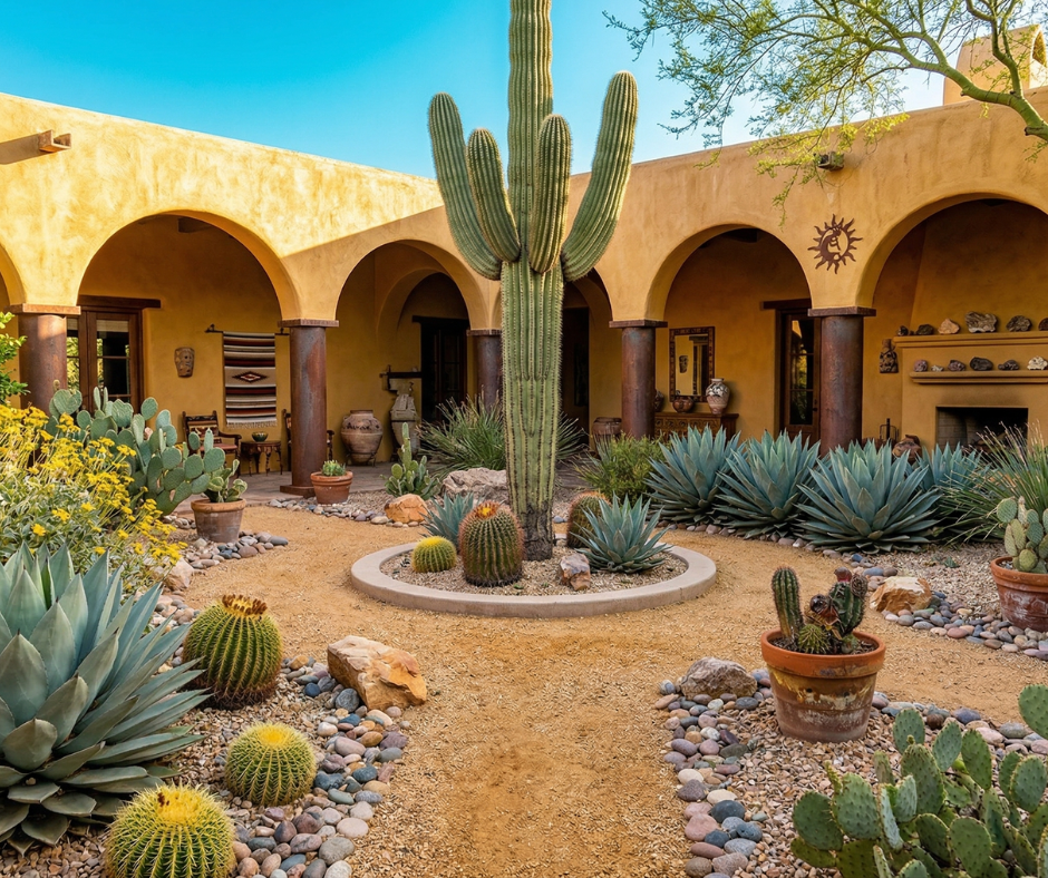 Southwestern adobe courtyard with arched colonnades and rust-colored columns, a tall saguaro cactus centerpiece surrounded by barrel cacti, blue agave, prickly pear, and river rock on decomposed granite, terra cotta planters, a decorative sun medallion on the stucco wall, and an outdoor fireplace.