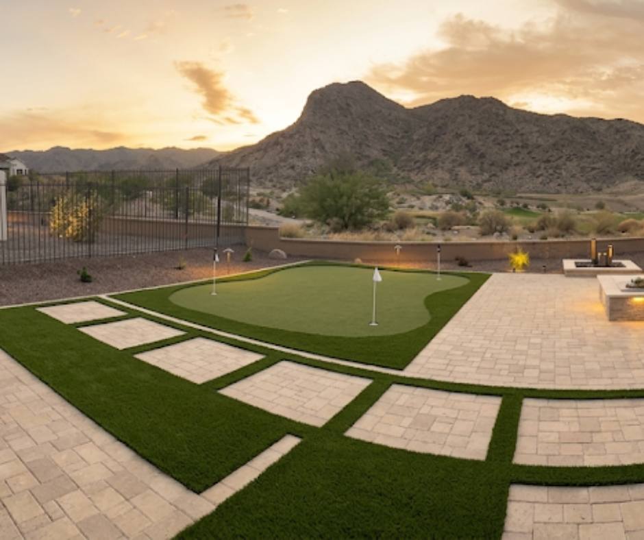 backyard golf space with a mountain view in the backyard. This was recently redone with the travertine tiles all over the place.