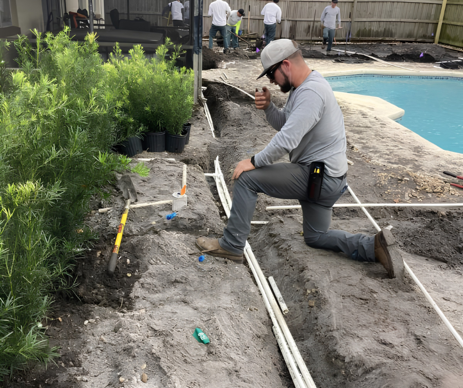 Man kneeling in the dirt while working on installing pipes for an irrigation system. Potted plants in the background looking to get put into the ground.