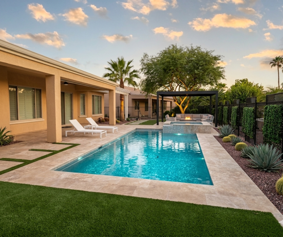 Pool in a backyard with greenery in the side