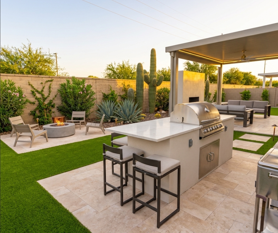 Outdoor kitchen with metal pergola