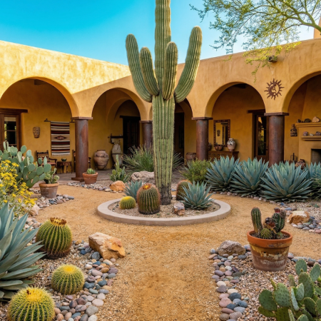 Southwestern adobe courtyard with arched colonnades and rust-colored columns, a tall saguaro cactus centerpiece surrounded by barrel cacti, blue agave, prickly pear, and river rock on decomposed granite, terra cotta planters, a decorative sun medallion on the stucco wall, and an outdoor fireplace.
